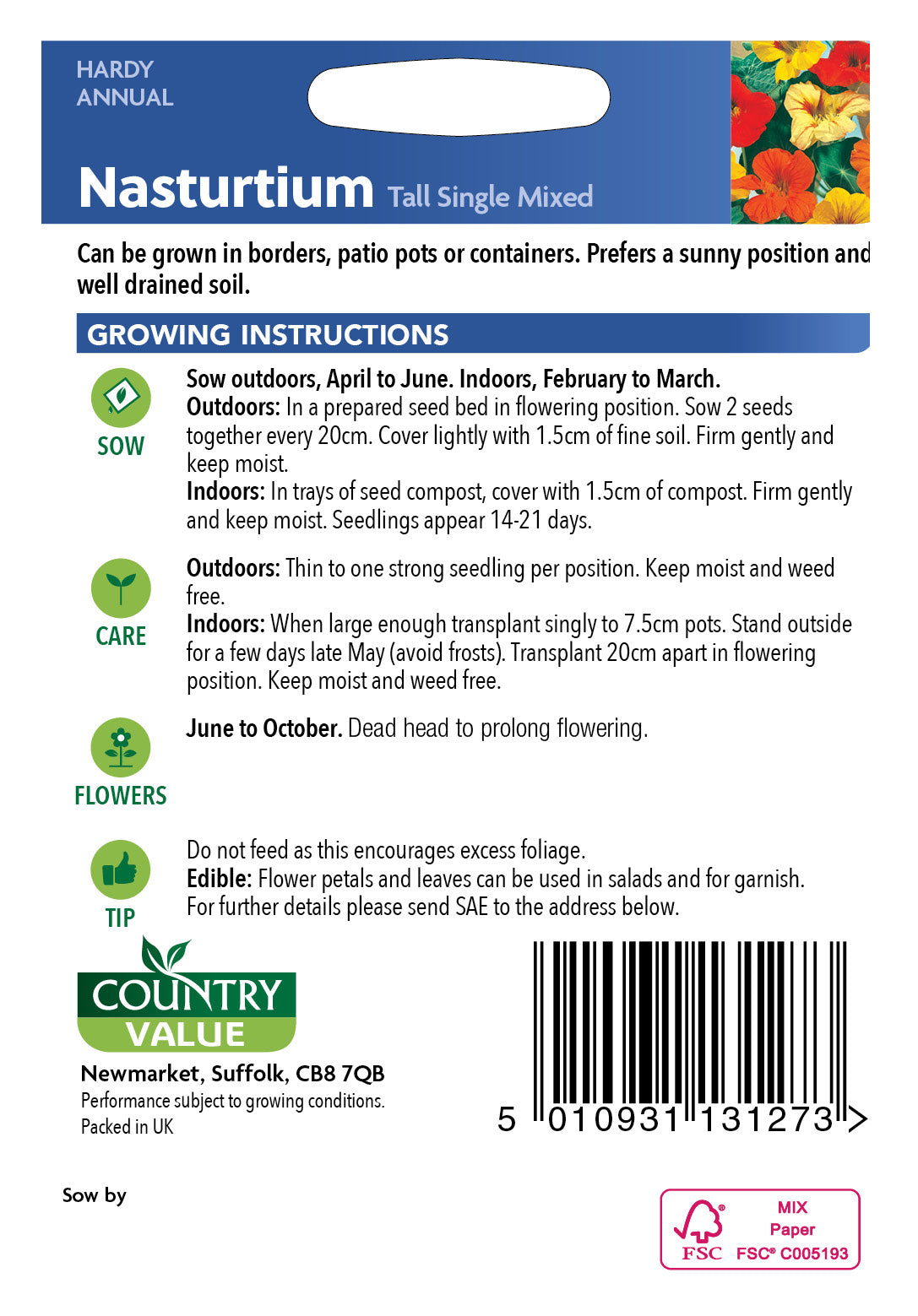 Nasturtium Tall Single Mixed 25 Seeds