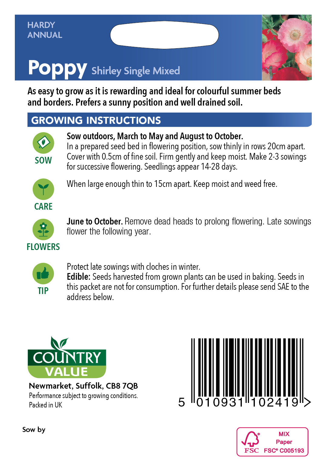 Poppy Shirley Single Mixed 1250 Seeds