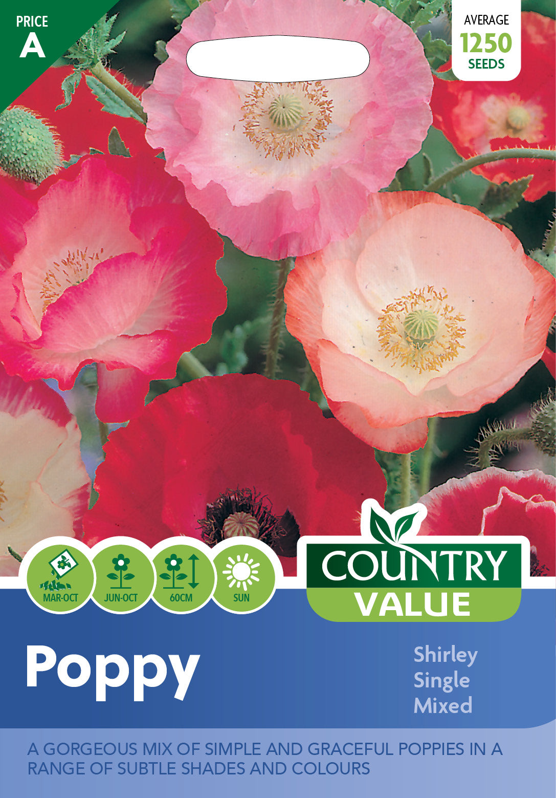Poppy Shirley Single Mixed 1250 Seeds